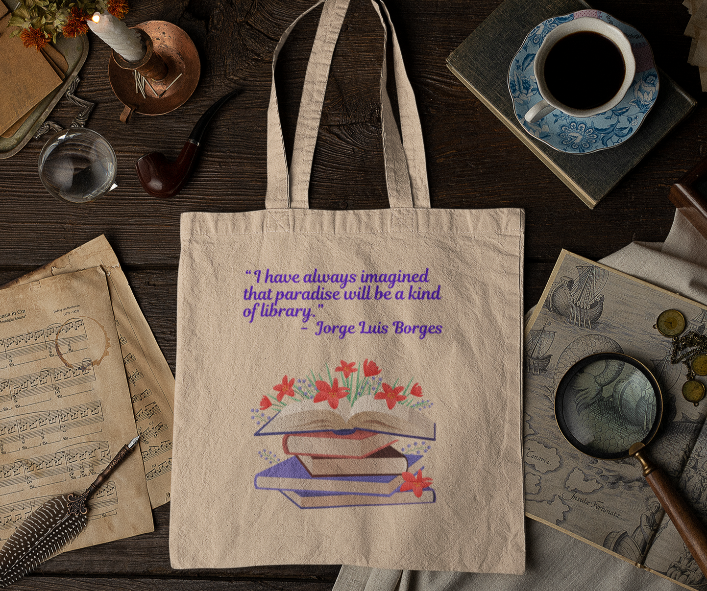 Always Imagined Paradise as a Kind of Library Eco Tote Bag, Jorge Luis Borges Quote