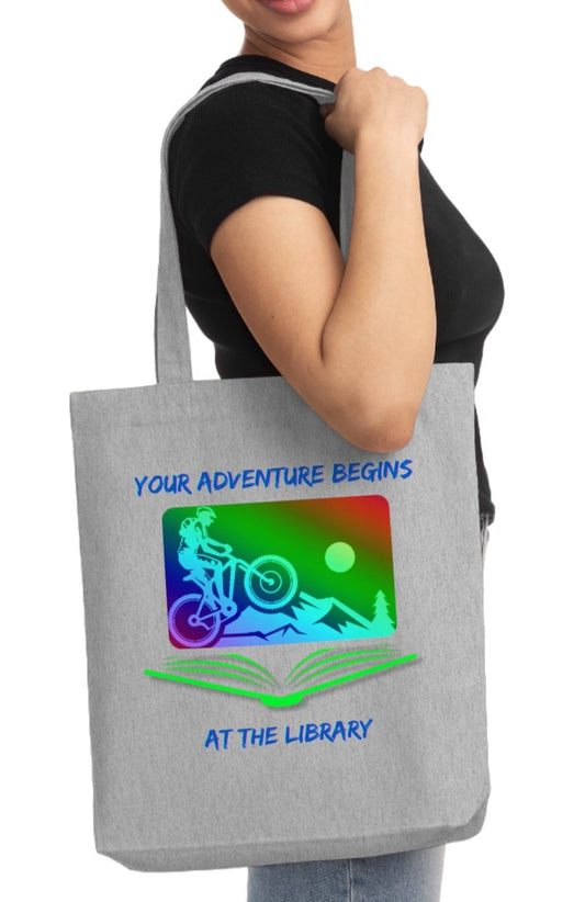 Adventure Begins at the Library Summer Reading Eco Tote Bag, Mountain Biking with Open Book, Recycled Cotton and Polyester, Book Tote Bag, Gift for Readers