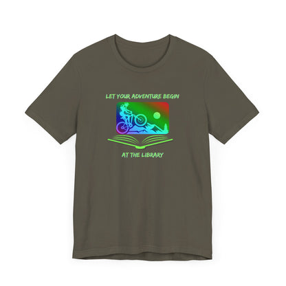 Library Summer Reading T-shirt, Let Adventure Begin, Mountain Biking in Open Book