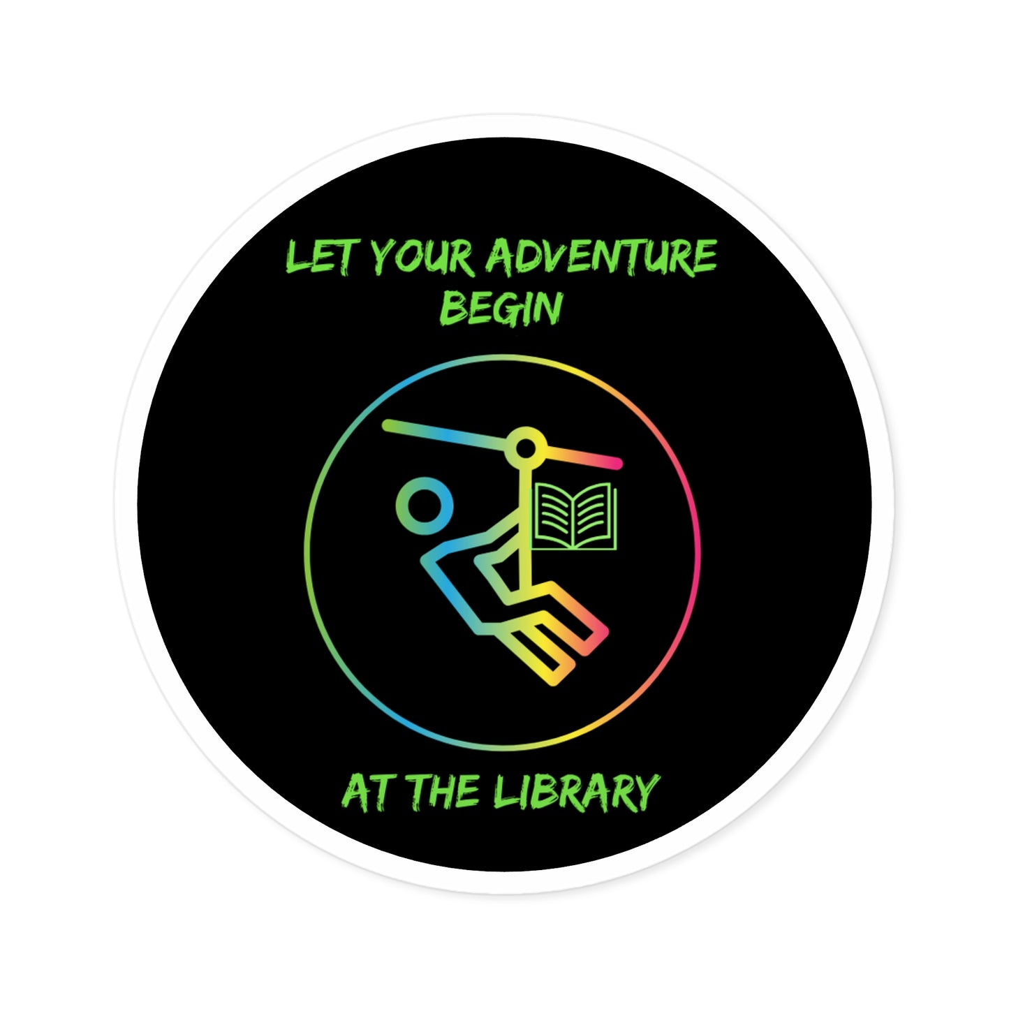 Library Summer Reading Sticker, Let Adventure Begin, Ziplining with Book, 3 inch Round Indoor\Outdoor Sticker