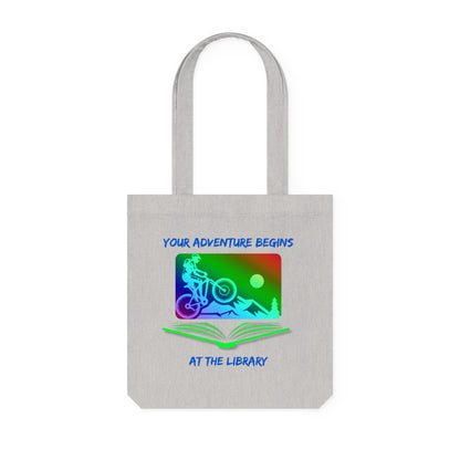 Adventure Begins at the Library Summer Reading Eco Tote Bag, Mountain Biking with Open Book, Recycled Cotton and Polyester, Book Tote Bag, Gift for Readers