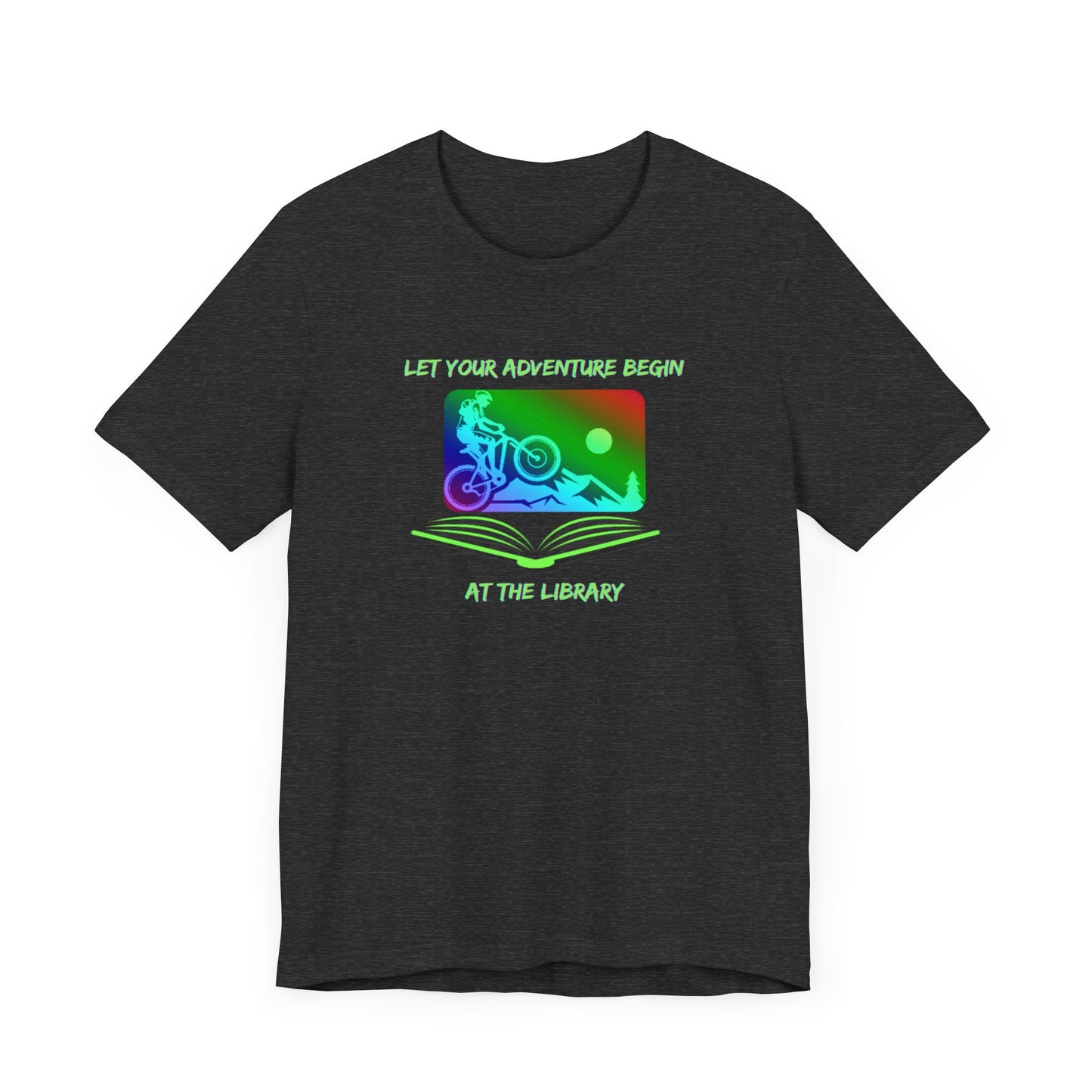 Library Summer Reading T-shirt, Let Adventure Begin, Mountain Biking in Open Book