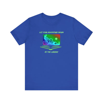 Library Summer Reading T-shirt, Let Adventure Begin, Mountain Biking in Open Book