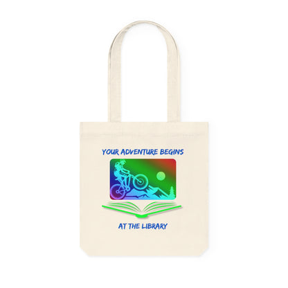 Adventure Begins at the Library Summer Reading Eco Tote Bag, Mountain Biking with Open Book, Recycled Cotton and Polyester, Book Tote Bag, Gift for Readers