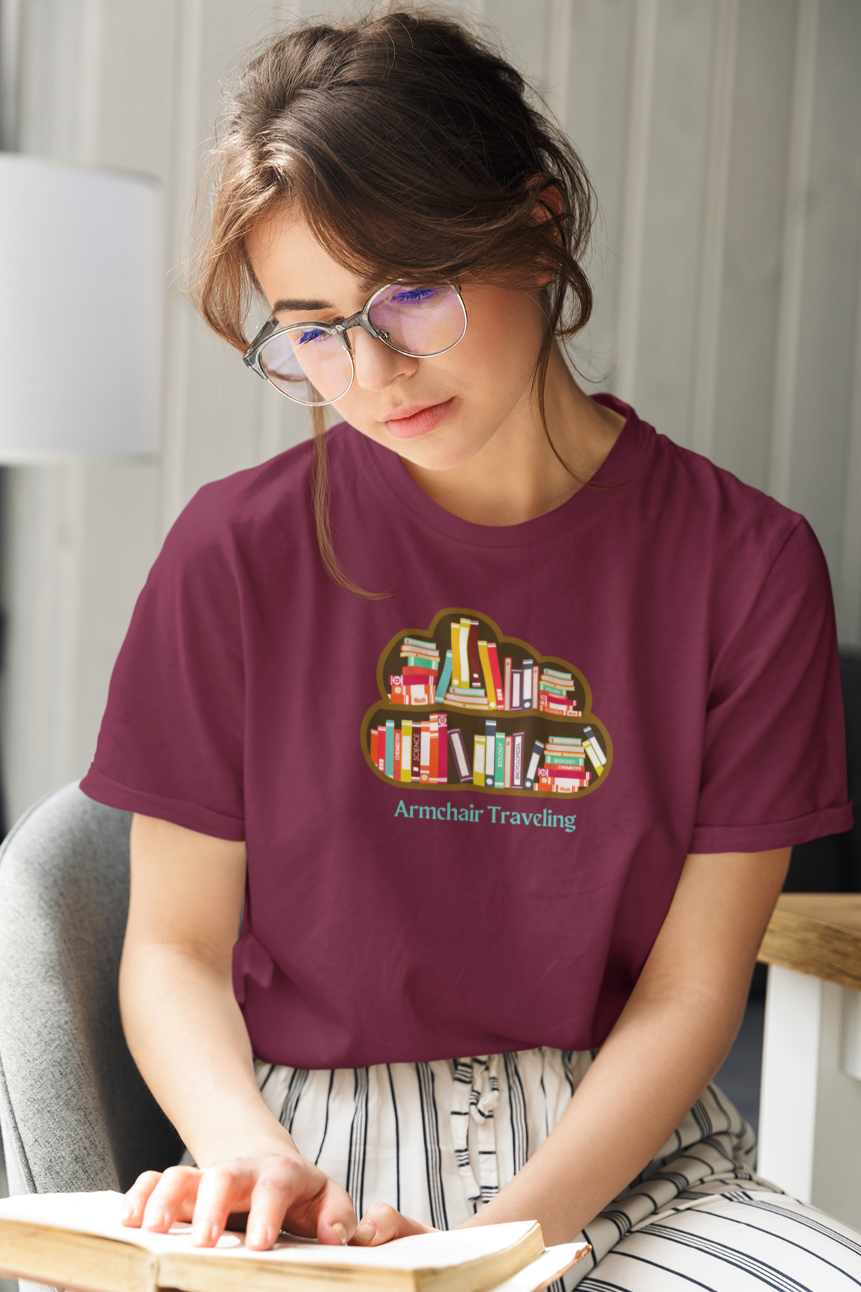 Armchair Traveling with Books T-shirt, readers, librarians, teachers