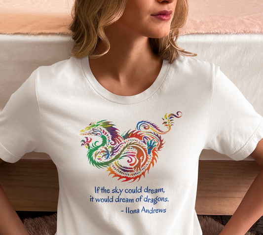 Dream of Dragons Short Sleeve Bella+Canvas T-shirt, Light Colors, Ilona Andrews Quote: "If the sky could dream, it would dream of dragons."