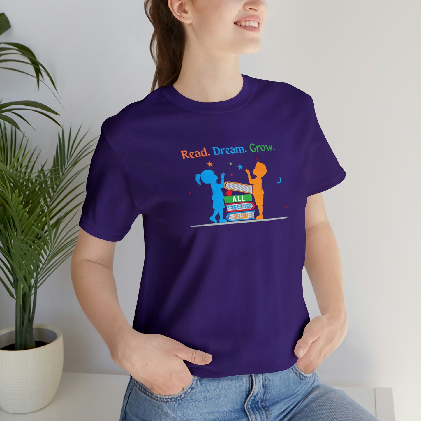 Children with Books, All Together Now Theme T-shirt with "Read, Dream, Grow" text