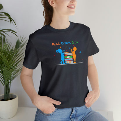 Children with Books, All Together Now Theme T-shirt with "Read, Dream, Grow" text